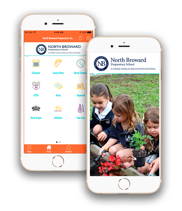 In-device iPhone image of North Broward mobile app home and splash screens