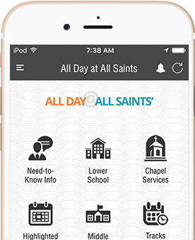 In-device iPhone image of All Day at All Saints mobile app home screen