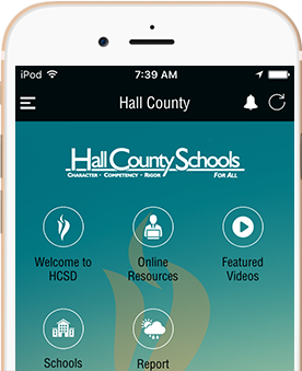 In-device iPhone image of Hall County Schools mobile app home screen