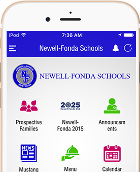 In-device iPhone image of Newell-Fonda Schools mobile app home screen